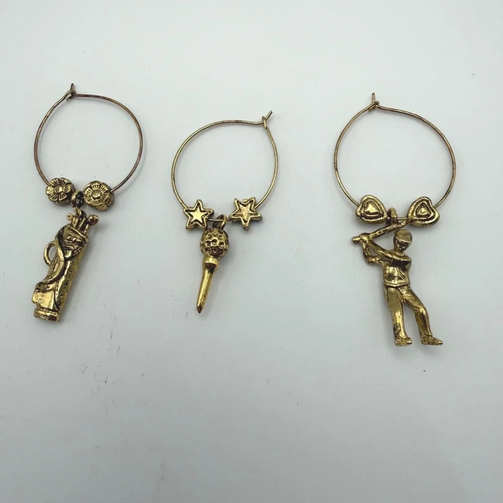 Set of 6 Golf Wine Glass Charms Gold Silver Tone Sports Themed Drink Markers
